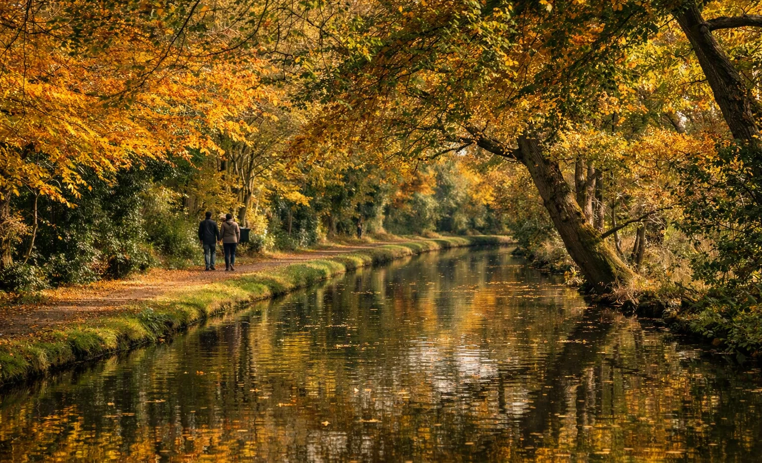 Two walkers on a canal towpath beneath overhanging autumn trees