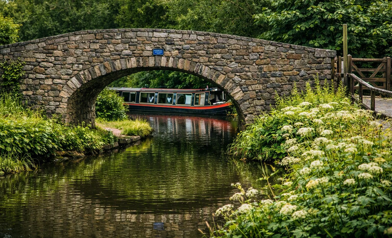 A narrowboat passing beneath an old stone hump bridge fringed with cow parsley