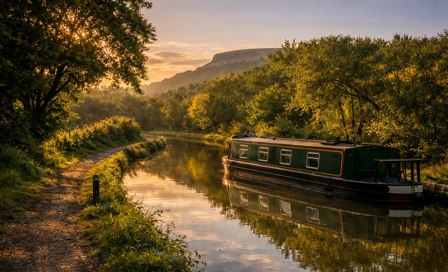 A narrowboat moored on a still canal at golden hour, towpath curving into the distance