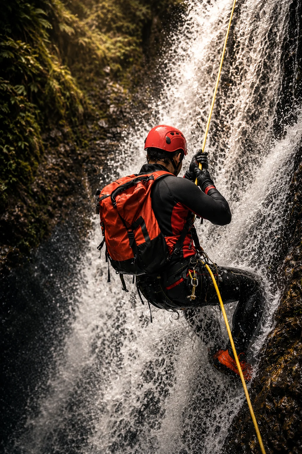 A canyoner in a red helmet abseiling down the face of a waterfall