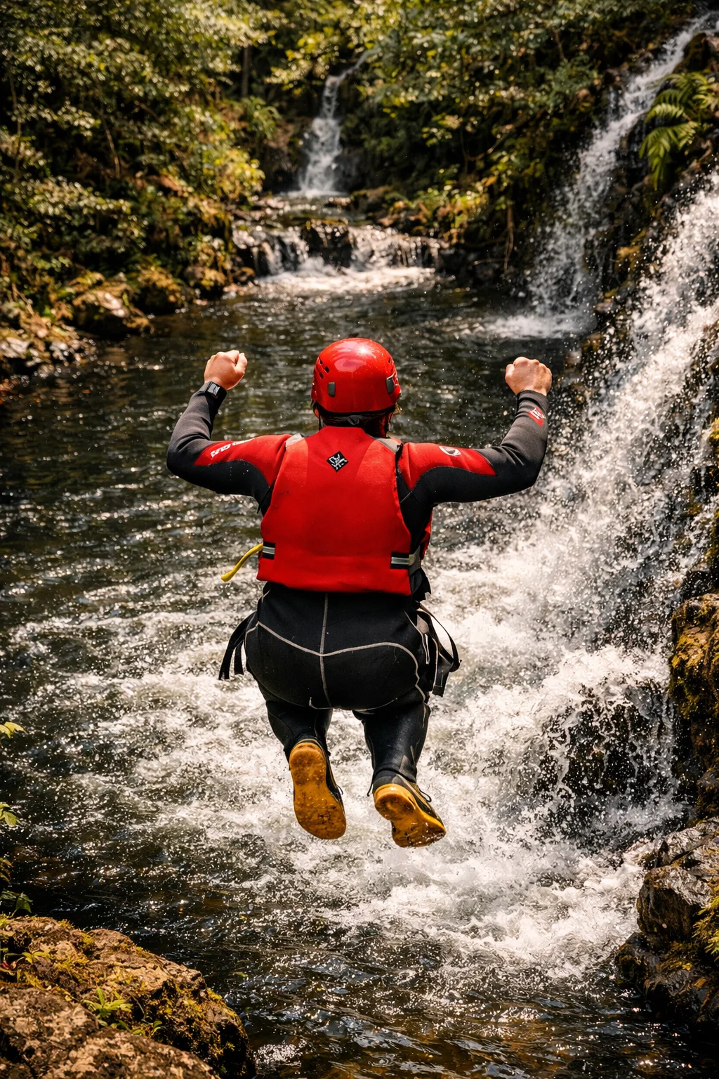 A canyoner in a red buoyancy aid leaping into a pool beneath a cascade