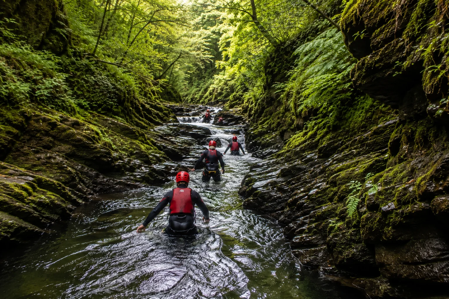 A group in wetsuits and helmets wading up a mossy, steep-sided gorge stream