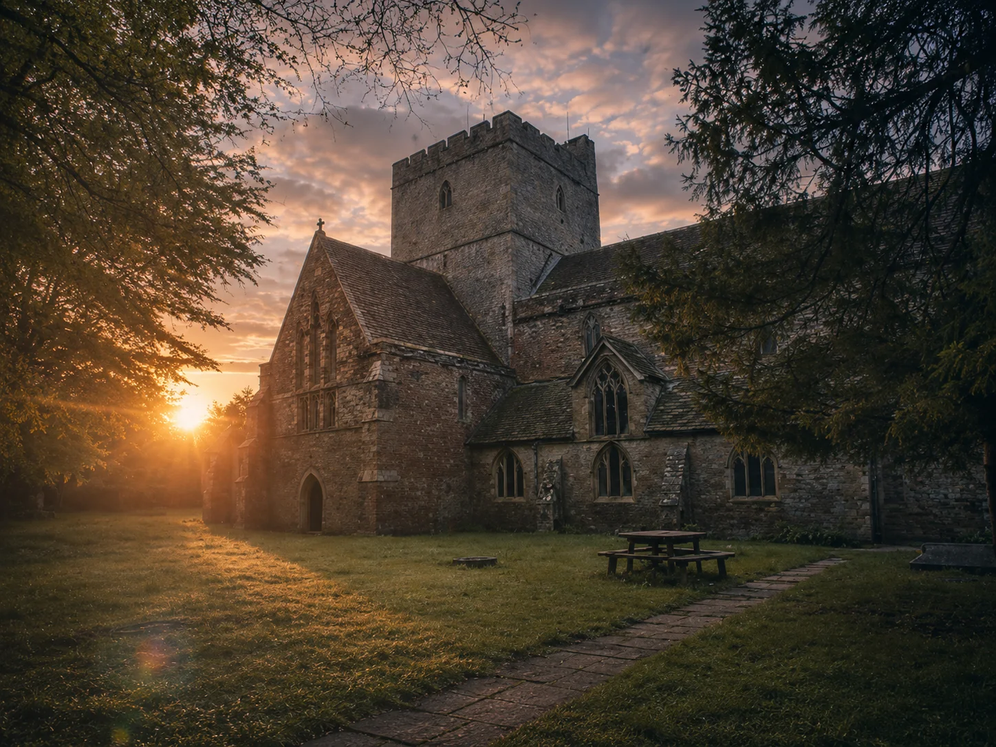A stone church tower and medieval court building in early morning mist