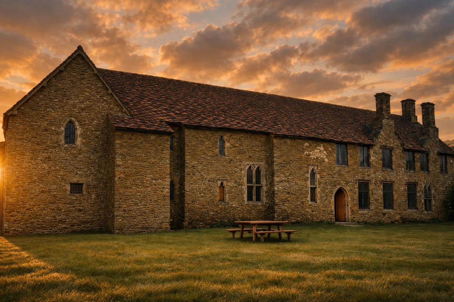 A long medieval stone hall building lit by low evening sun