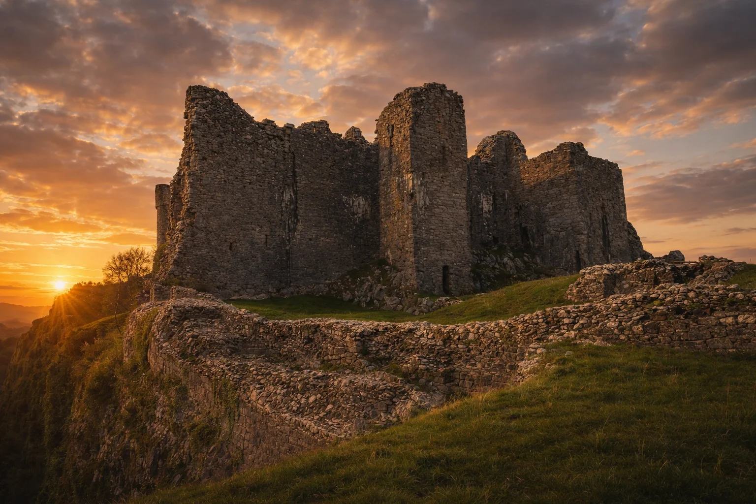 The ruined walls of a hilltop Welsh castle silhouetted against a burning sunset