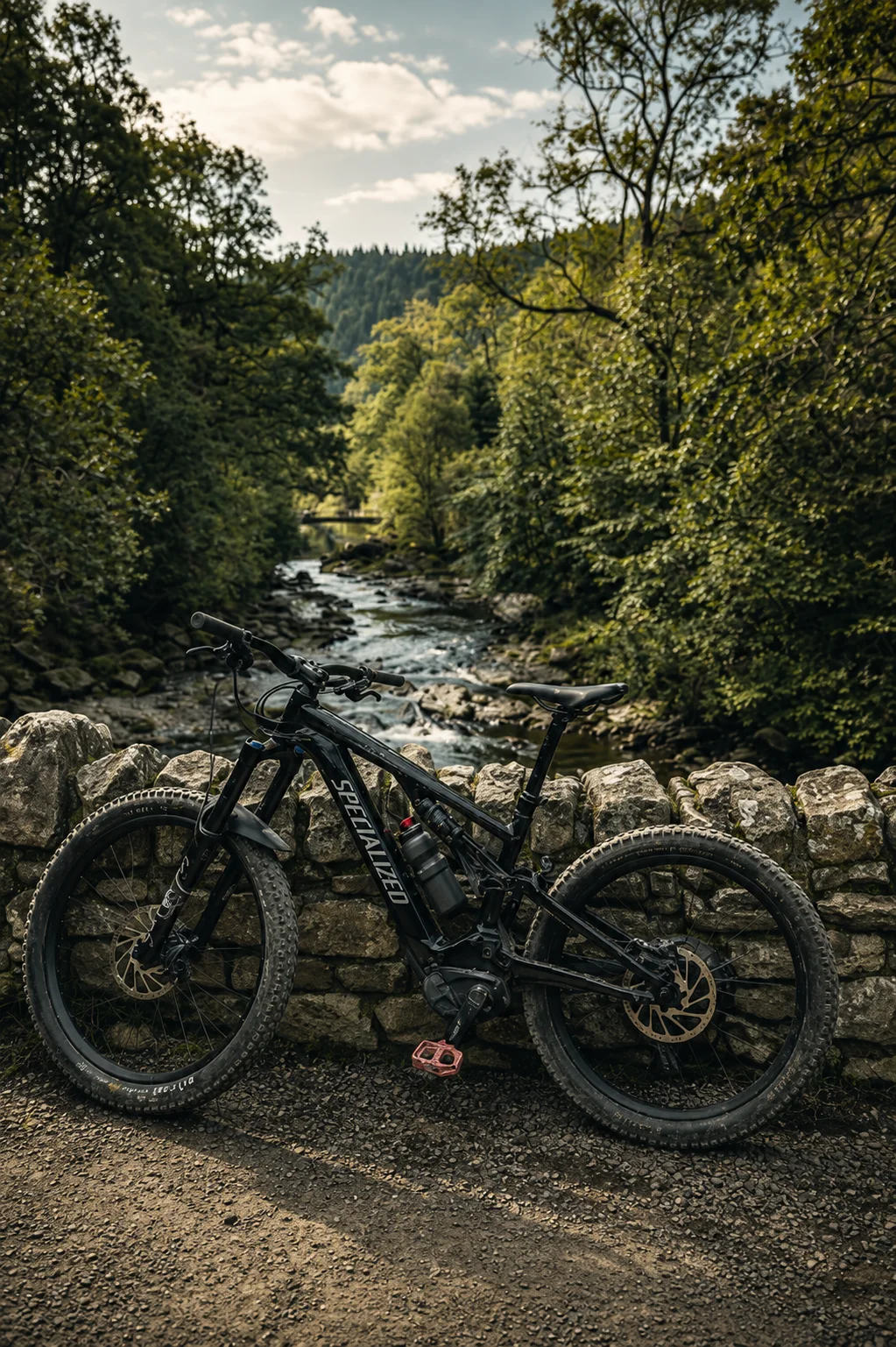 A full-suspension mountain bike leaning against the stone parapet of a bridge above a river