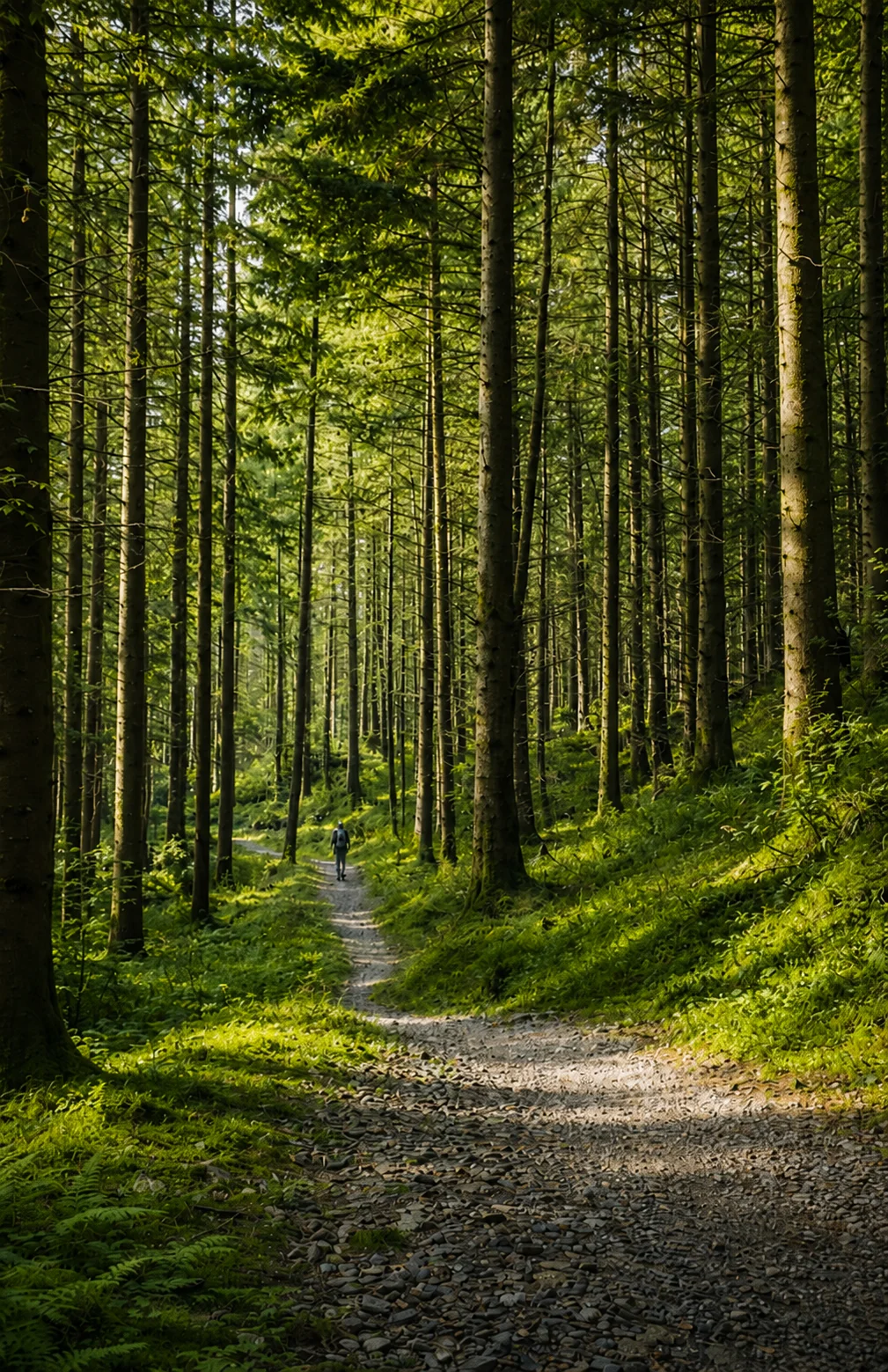 A sunlit gravel track running between tall conifers in a Beacons forest