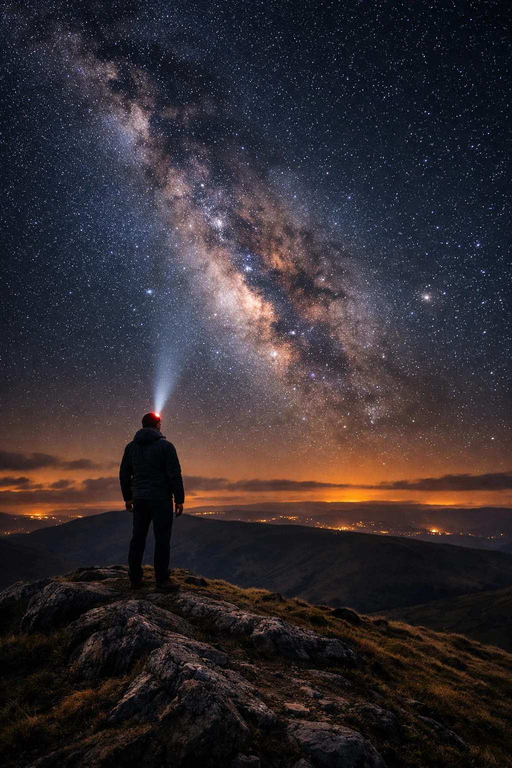 A stargazer with a headtorch standing on rock beneath a sky full of stars