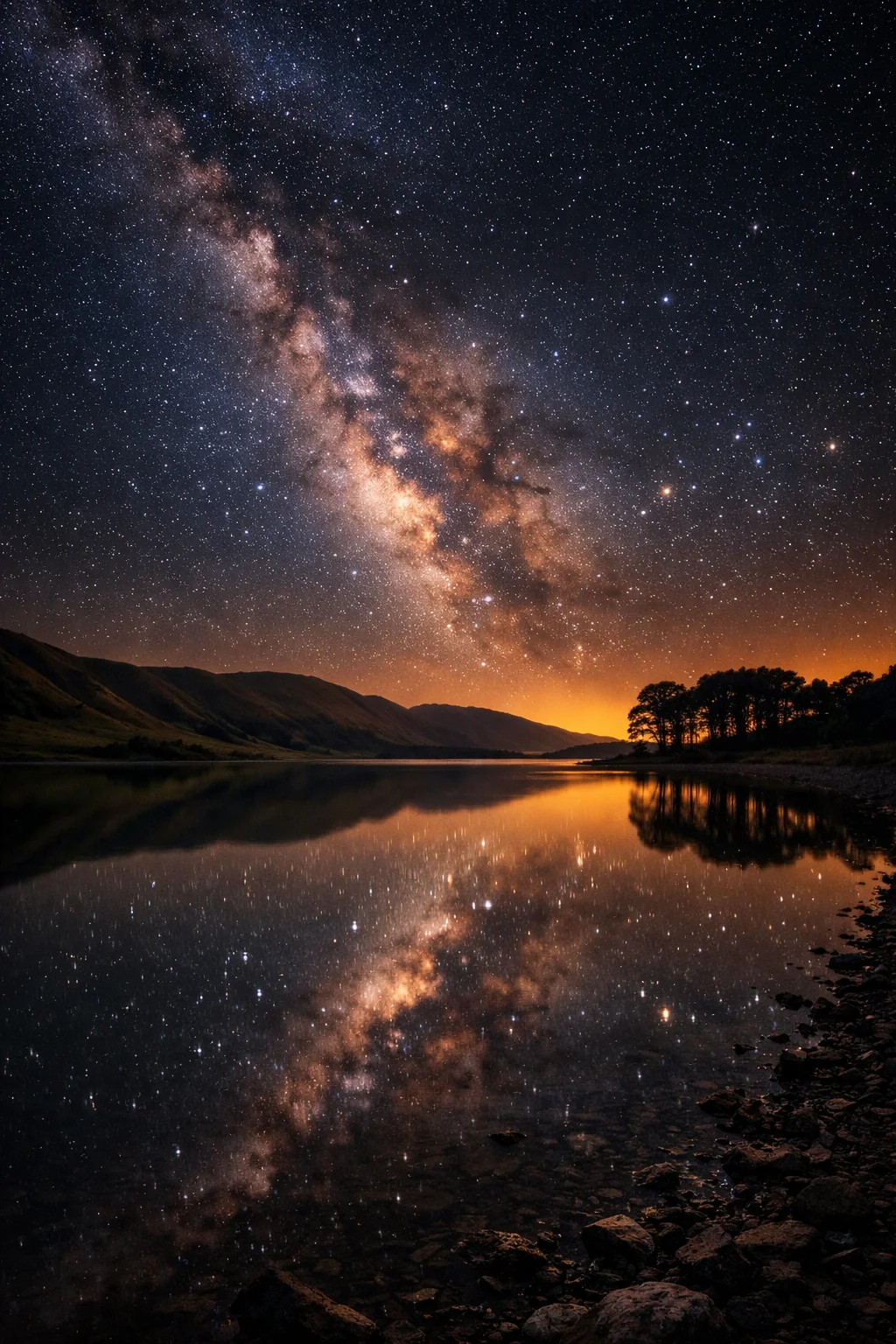 The Milky Way mirrored in the still surface of a dark upland lake