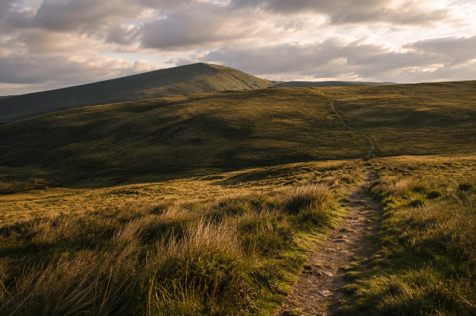 A grassy path winding across open moorland toward a distant rounded hill