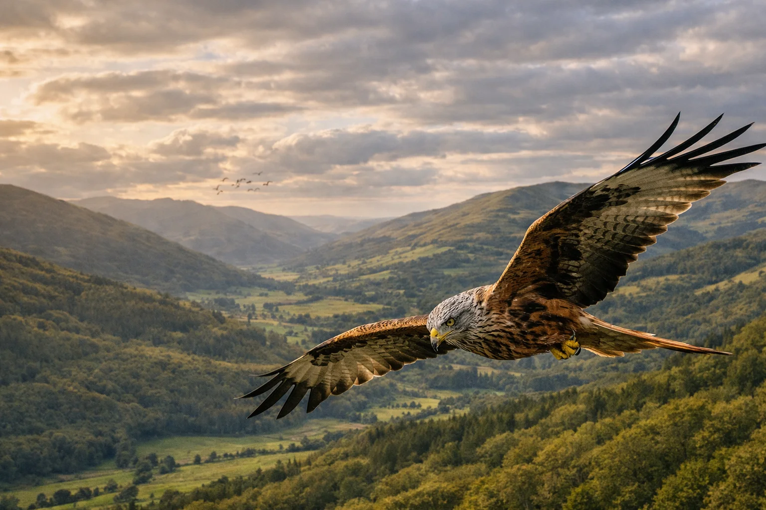 A red kite gliding with wings spread over a green Welsh valley