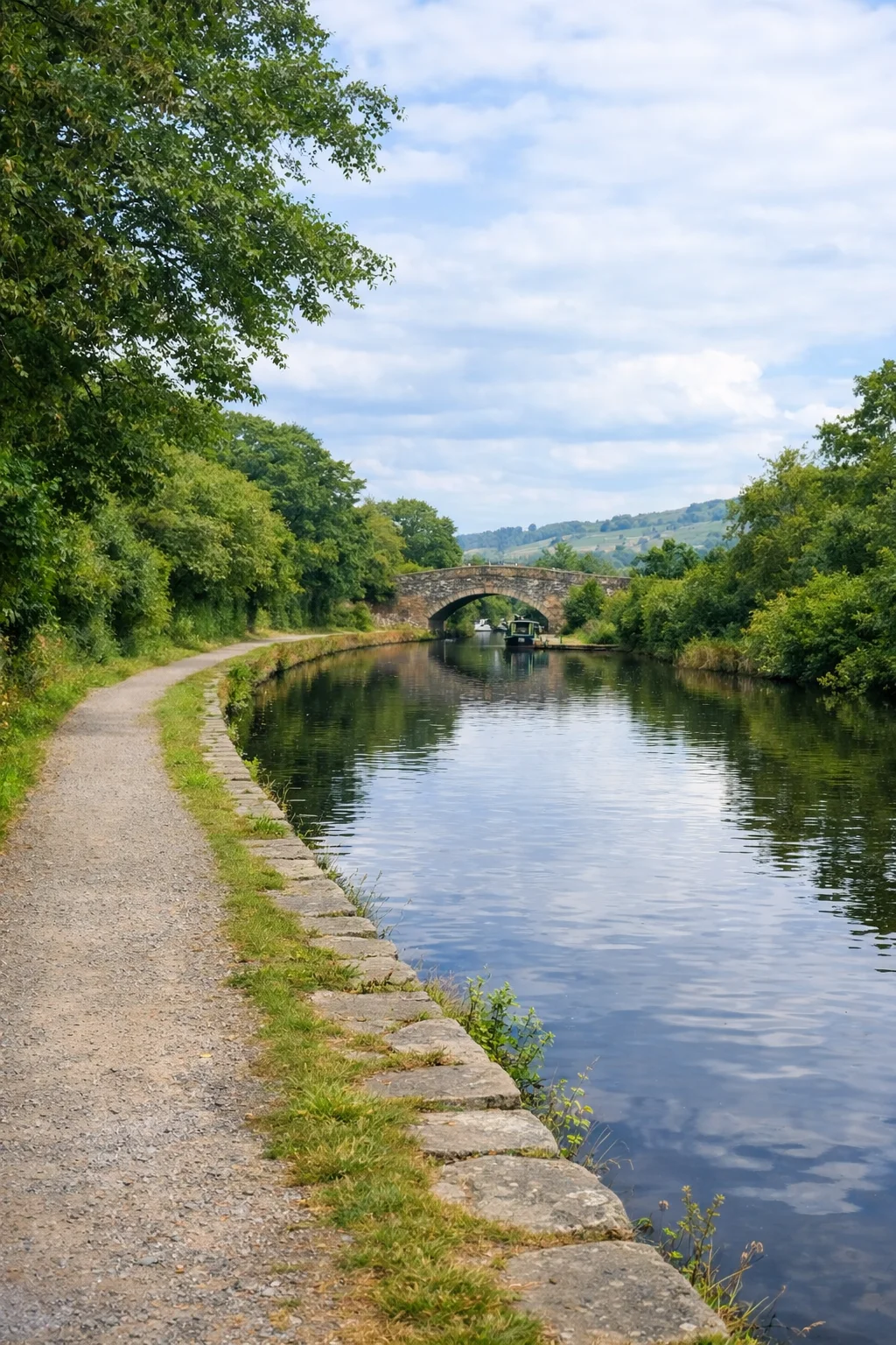 A gravel towpath curving alongside the still canal toward a stone arch bridge, with wooded banks either side