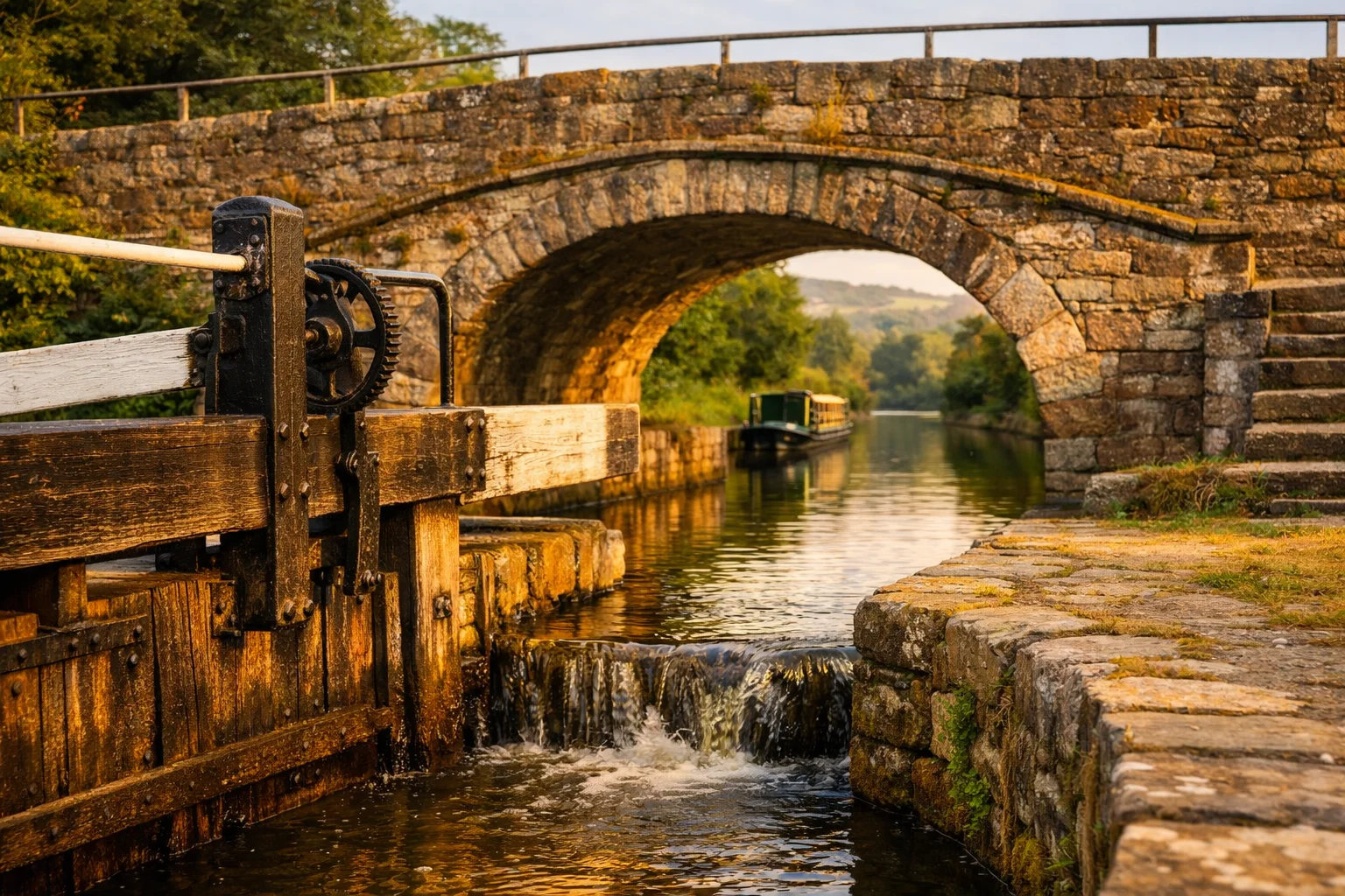 A wooden canal lock gate with iron gearing catching golden light, a stone arch bridge and narrowboat beyond