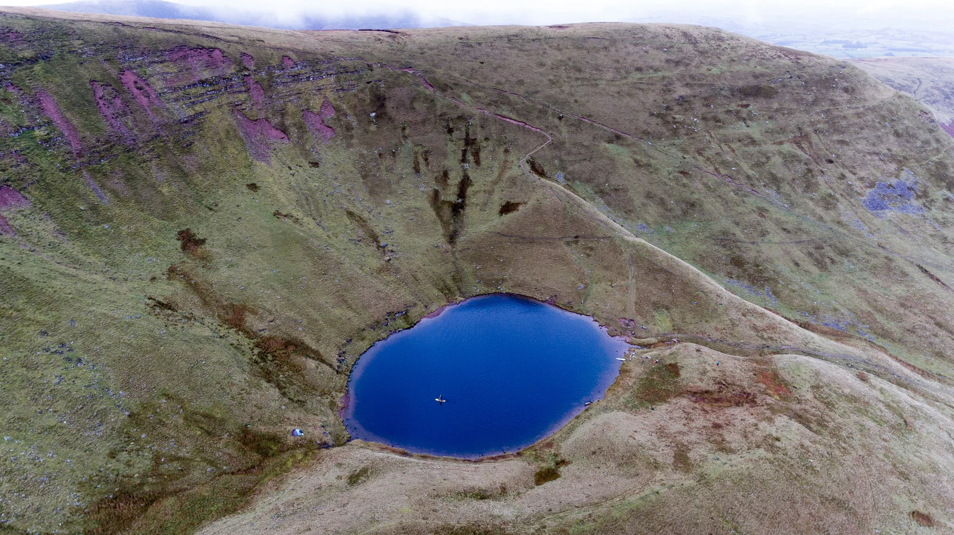 Aerial view of a mountain tarn near the Beacons summits
