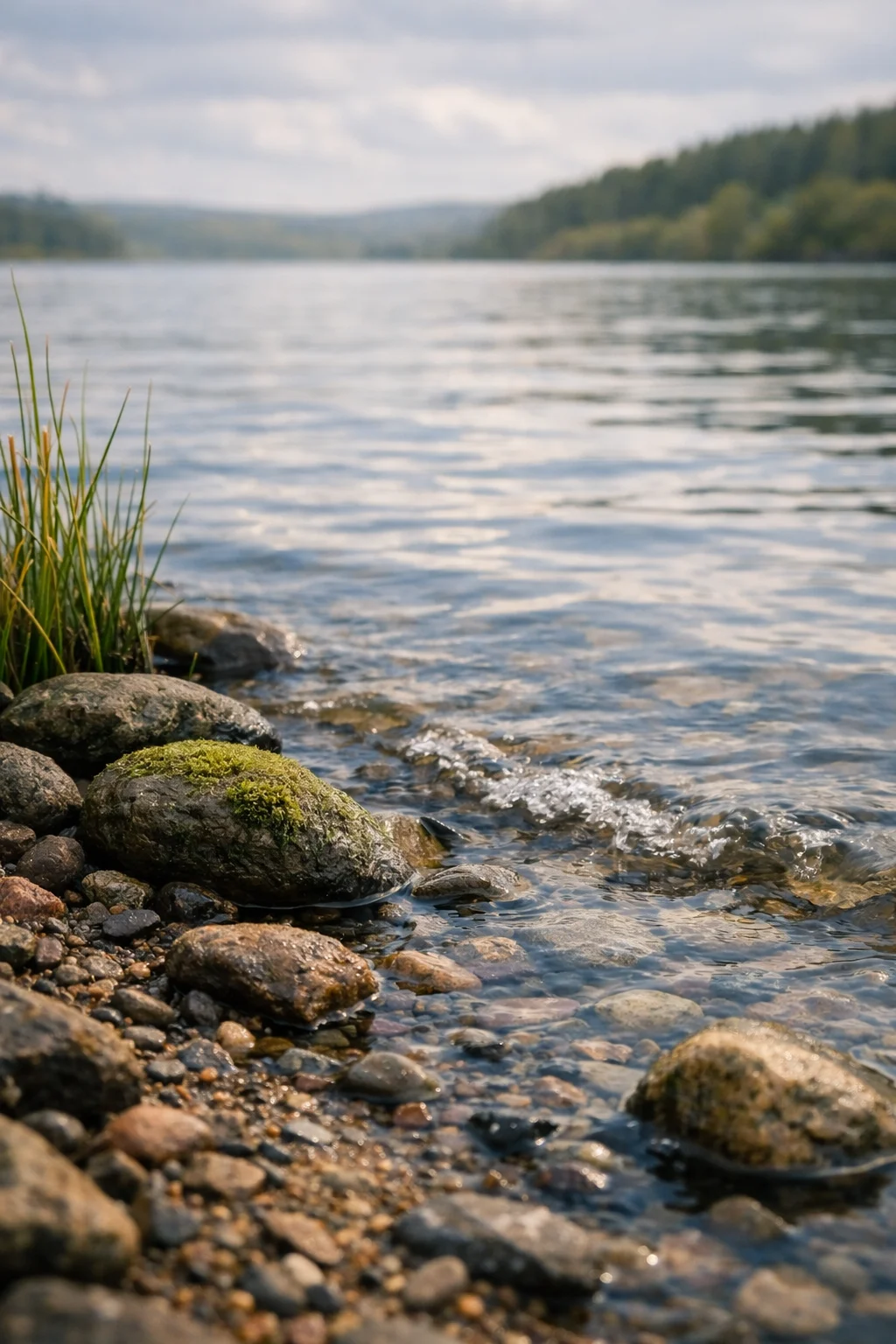Moss-covered stones along a calm reservoir shoreline, with a forested far bank beyond