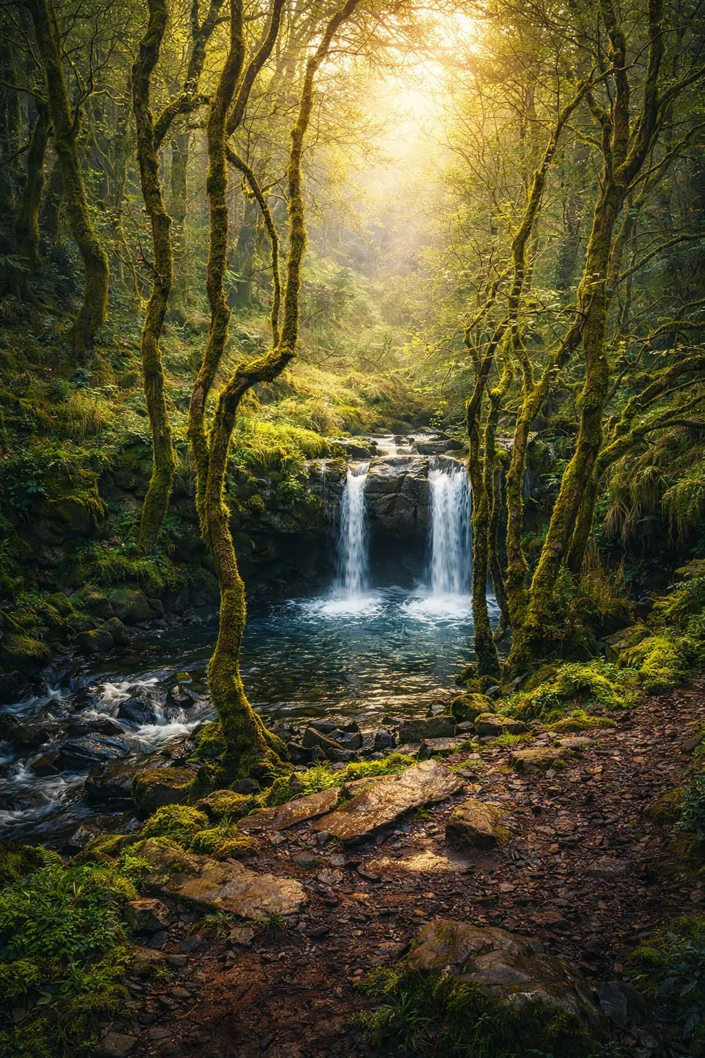 A mossy woodland waterfall with sunlight filtering through the trees