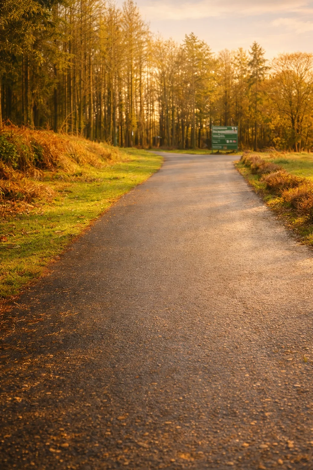 A smooth tarmac path curving through autumn forest with a wooden signpost