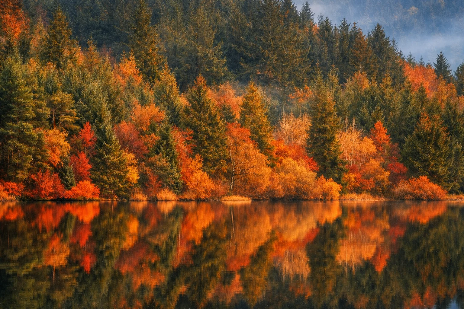 Golden autumn forest reflected in the still water of a Beacons reservoir