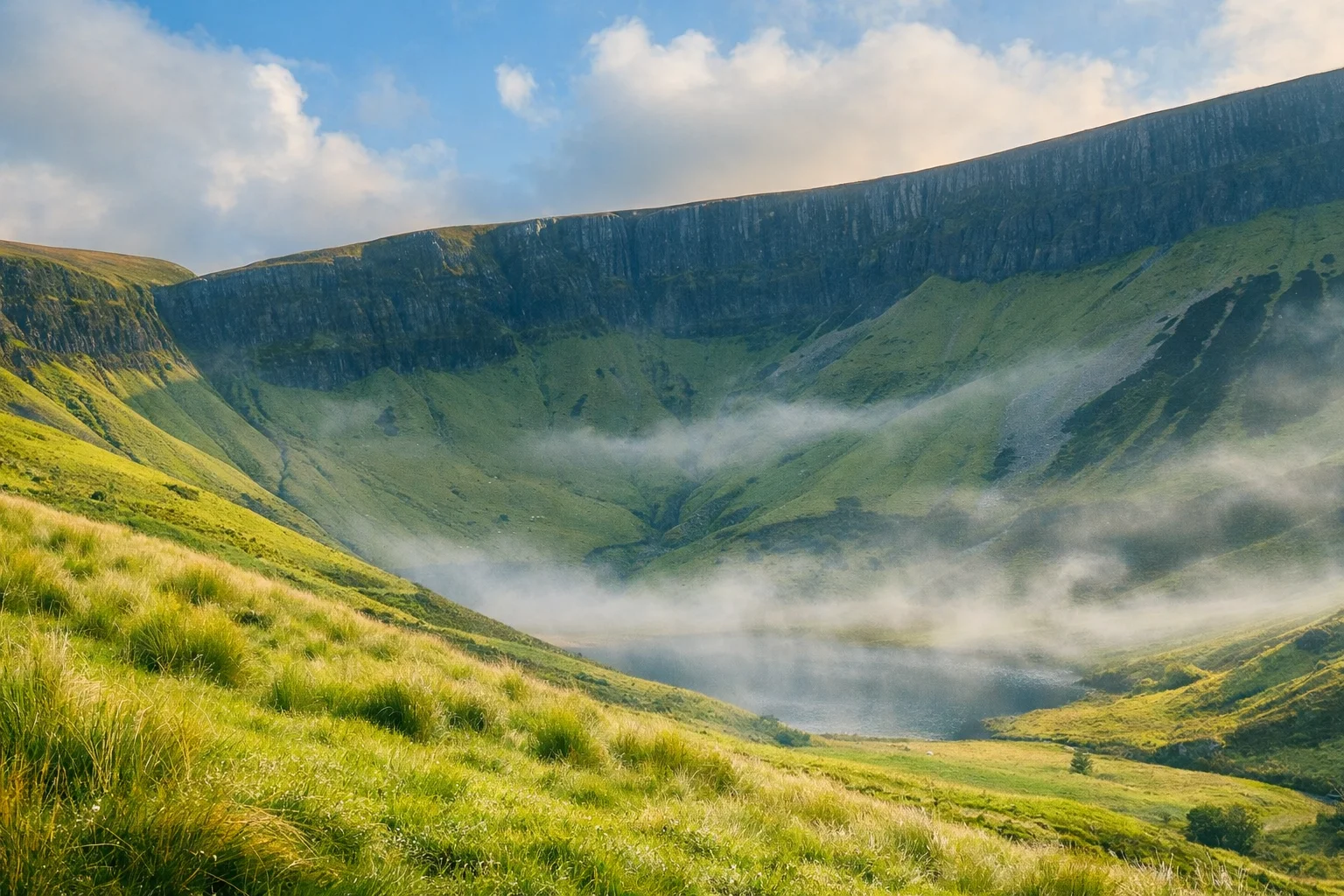 A green cwm with low mist drifting beneath a steep escarpment