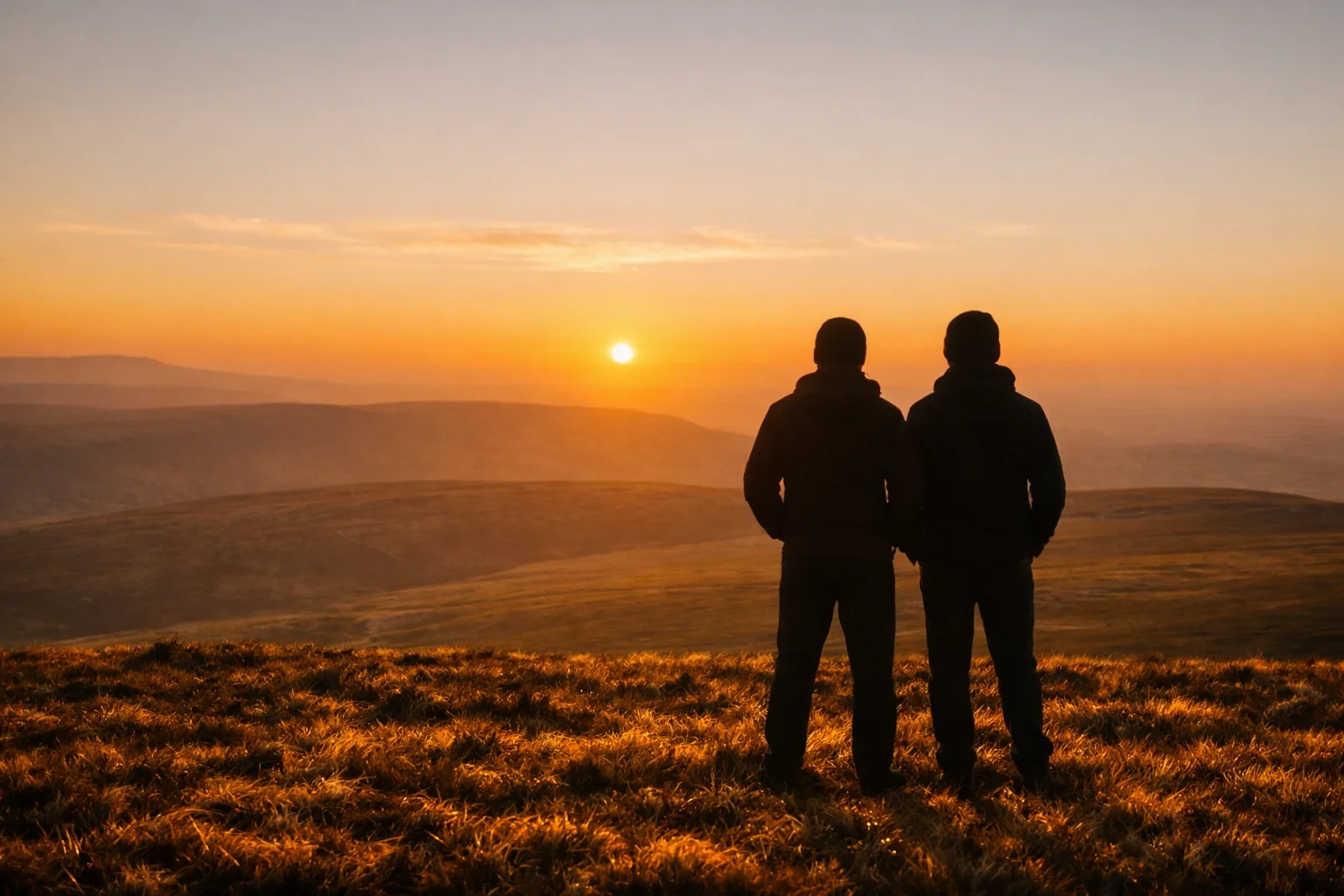 Two walkers silhouetted on open moorland against a warm sunset sky