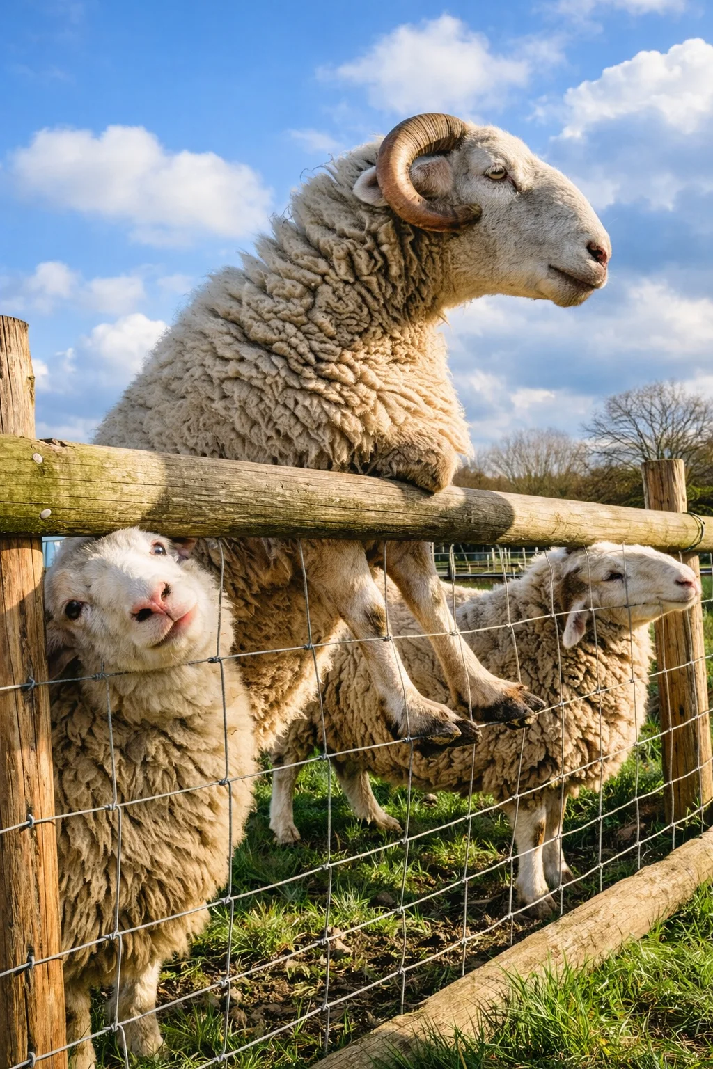 A horned ram standing on a fence rail with sheep gathered behind wire fencing