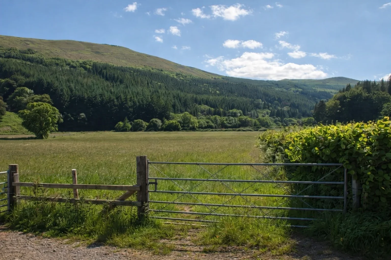 A field gate opening onto green pasture with hills rising beyond