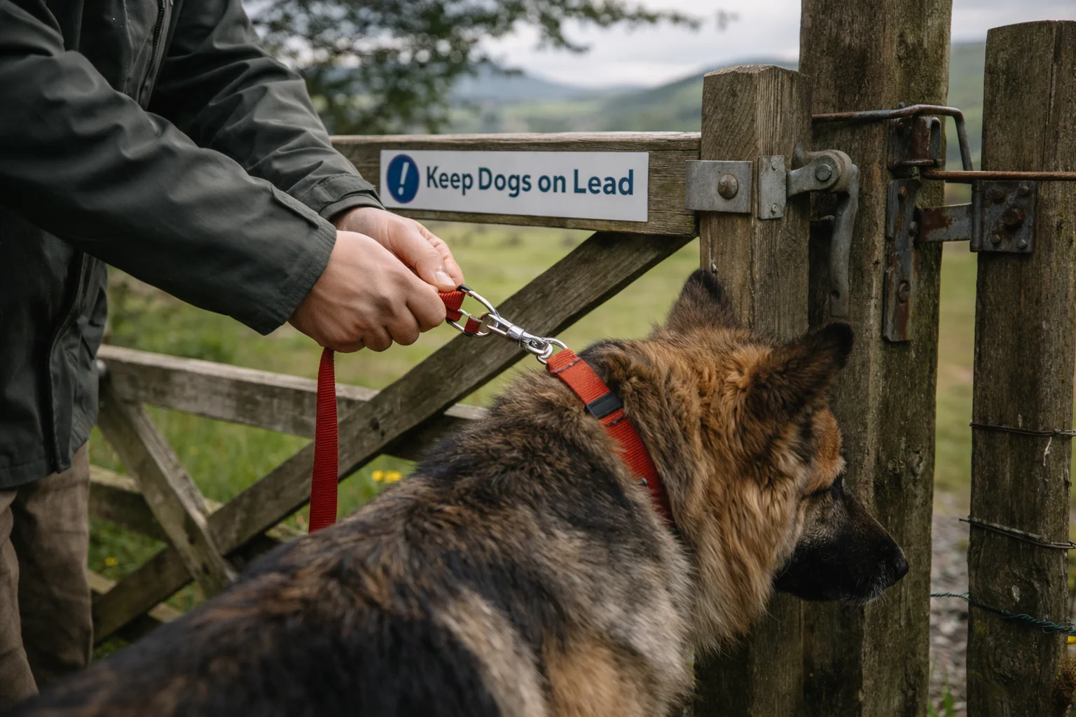 A dog being clipped onto a red lead at a farm gate beside a Keep Dogs on Lead sign
