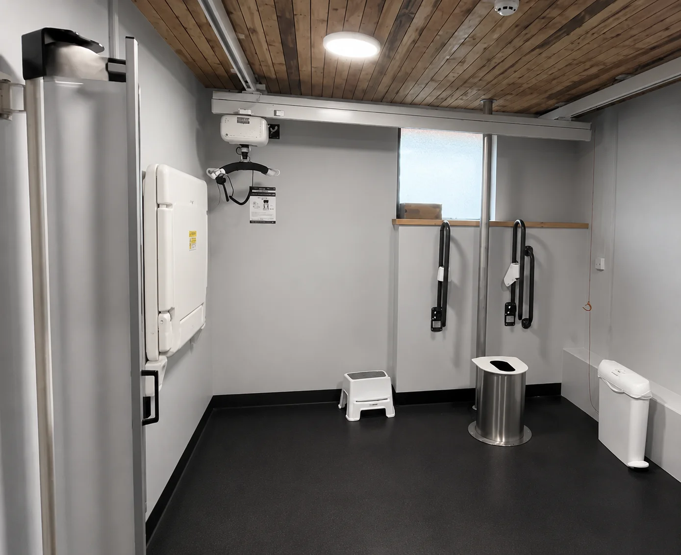 A clean, accessible toilet interior with a wooden ceiling and grab rails