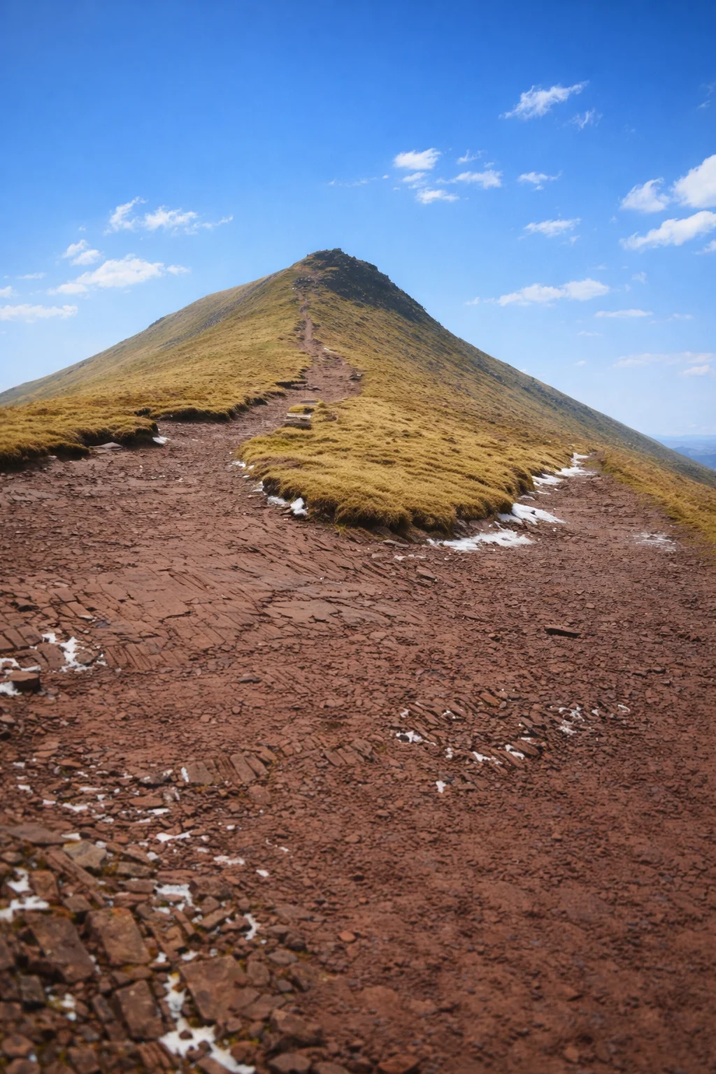 A red sandstone path climbing steeply toward a green summit ridge