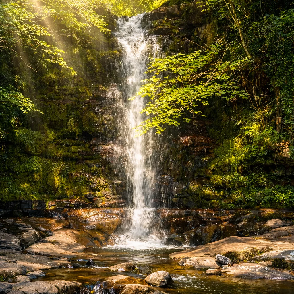 A tall woodland waterfall dropping through mossy rocks with sunbeams through the trees