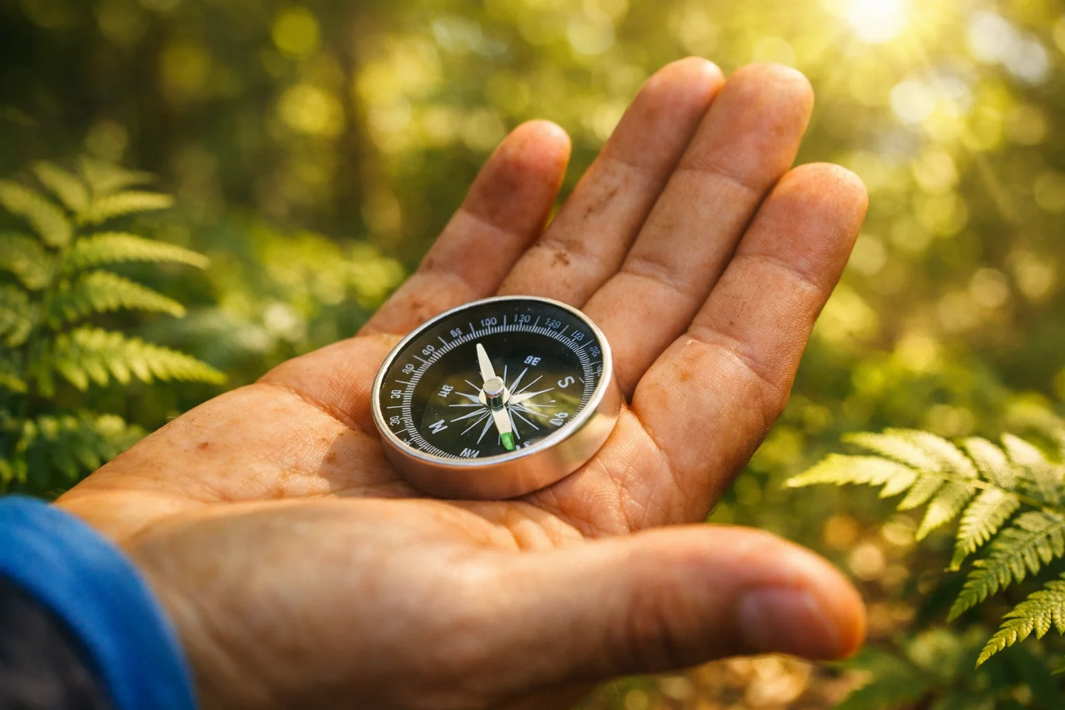 A compass resting on an open palm in sunlit bracken