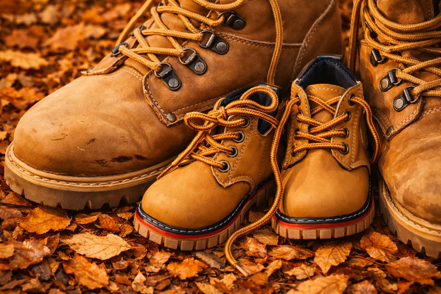 A pair of tan leather walking boots standing on a bed of autumn leaves