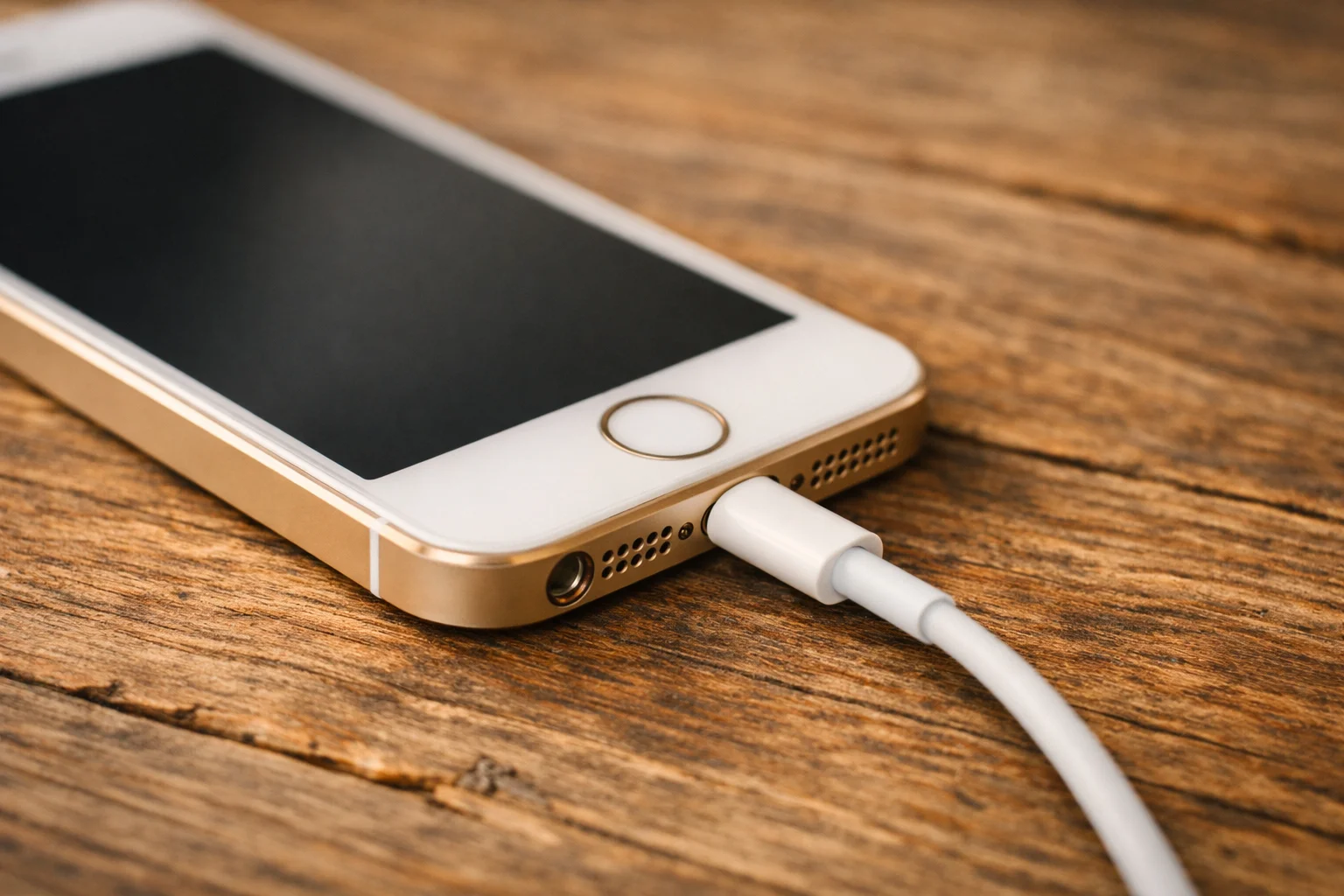 A phone plugged in to charge on a wooden table