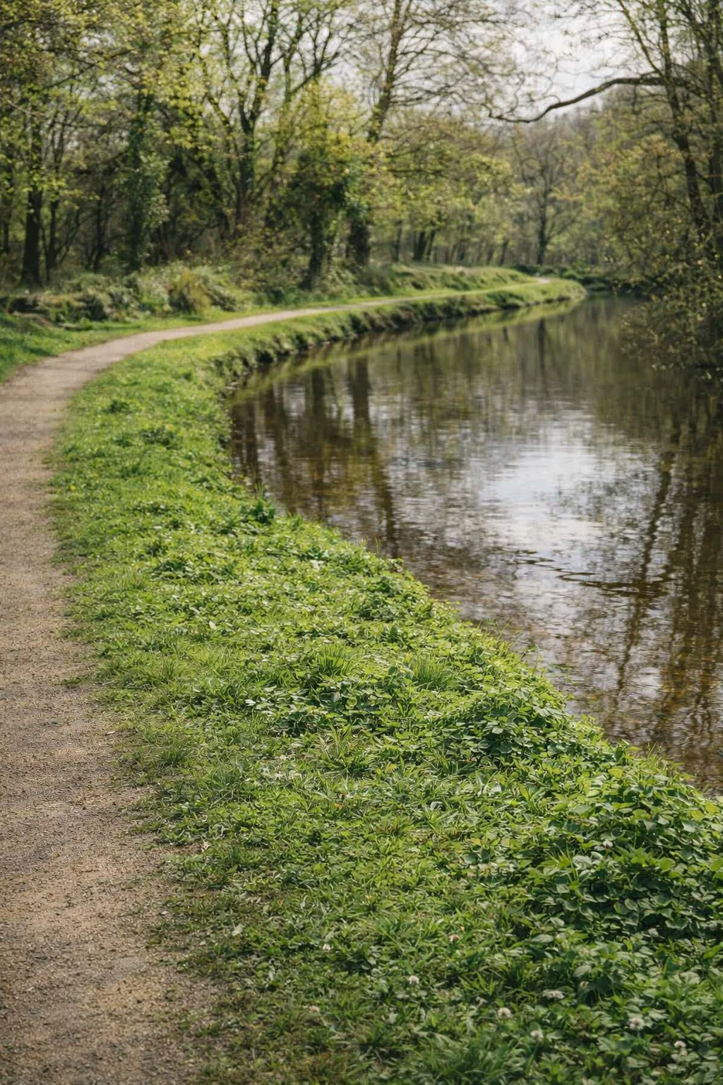 A canal towpath curving alongside still water through spring woodland