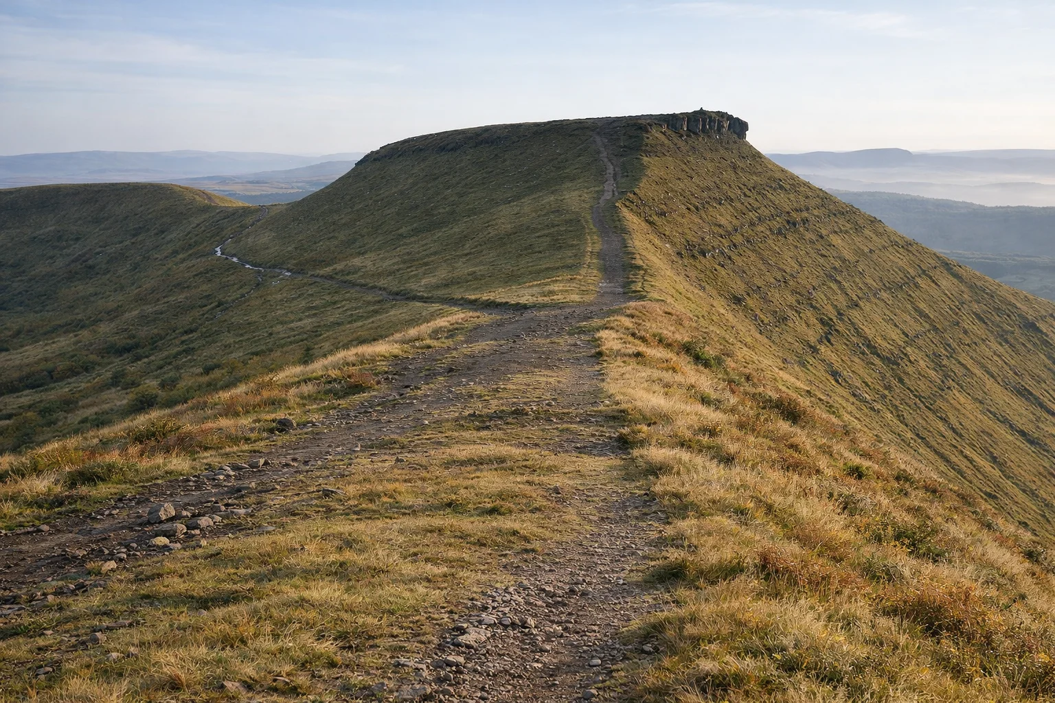 A grassy path running along the flat top of a Beacons escarpment