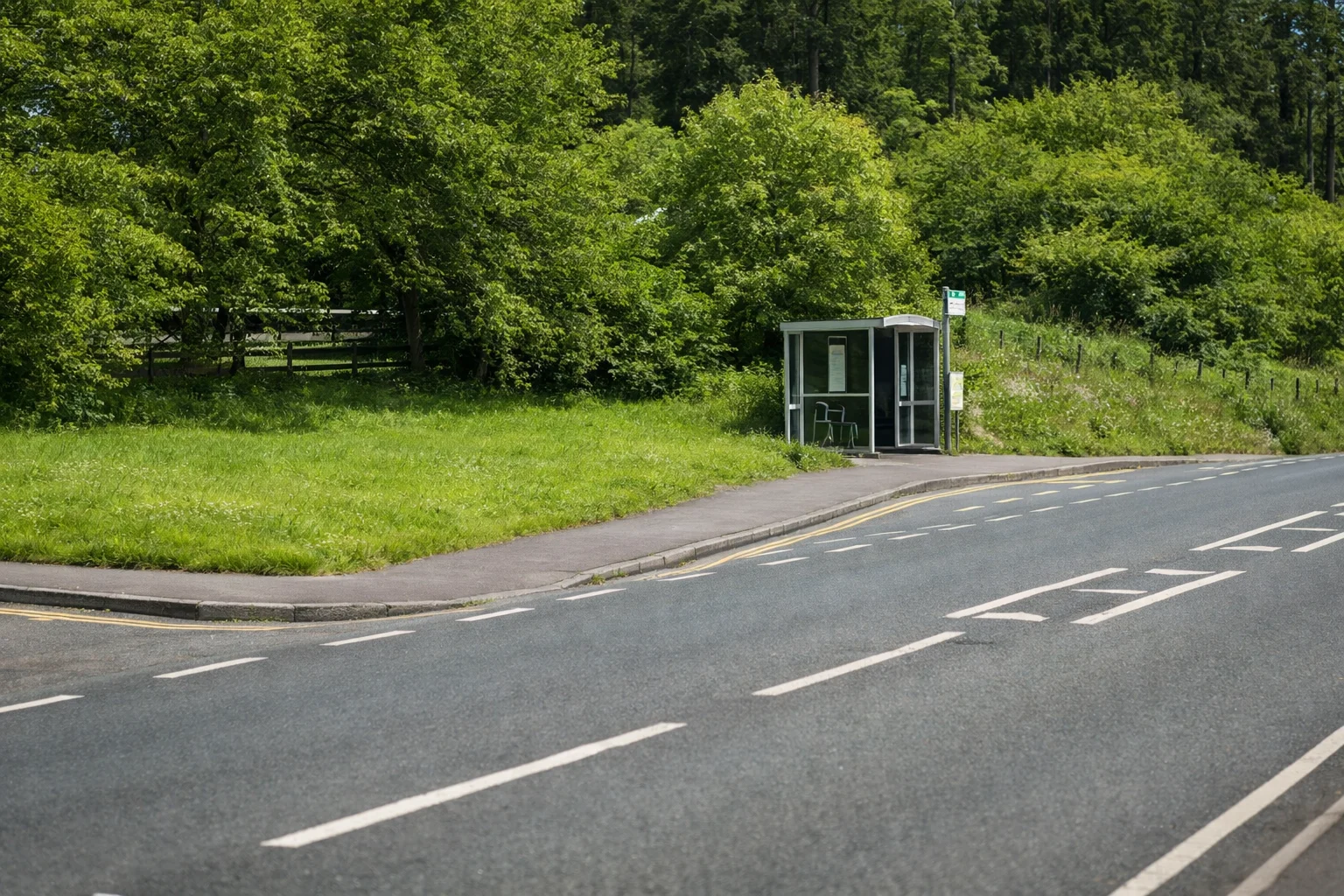 A rural bus shelter beside a quiet road lined with green trees