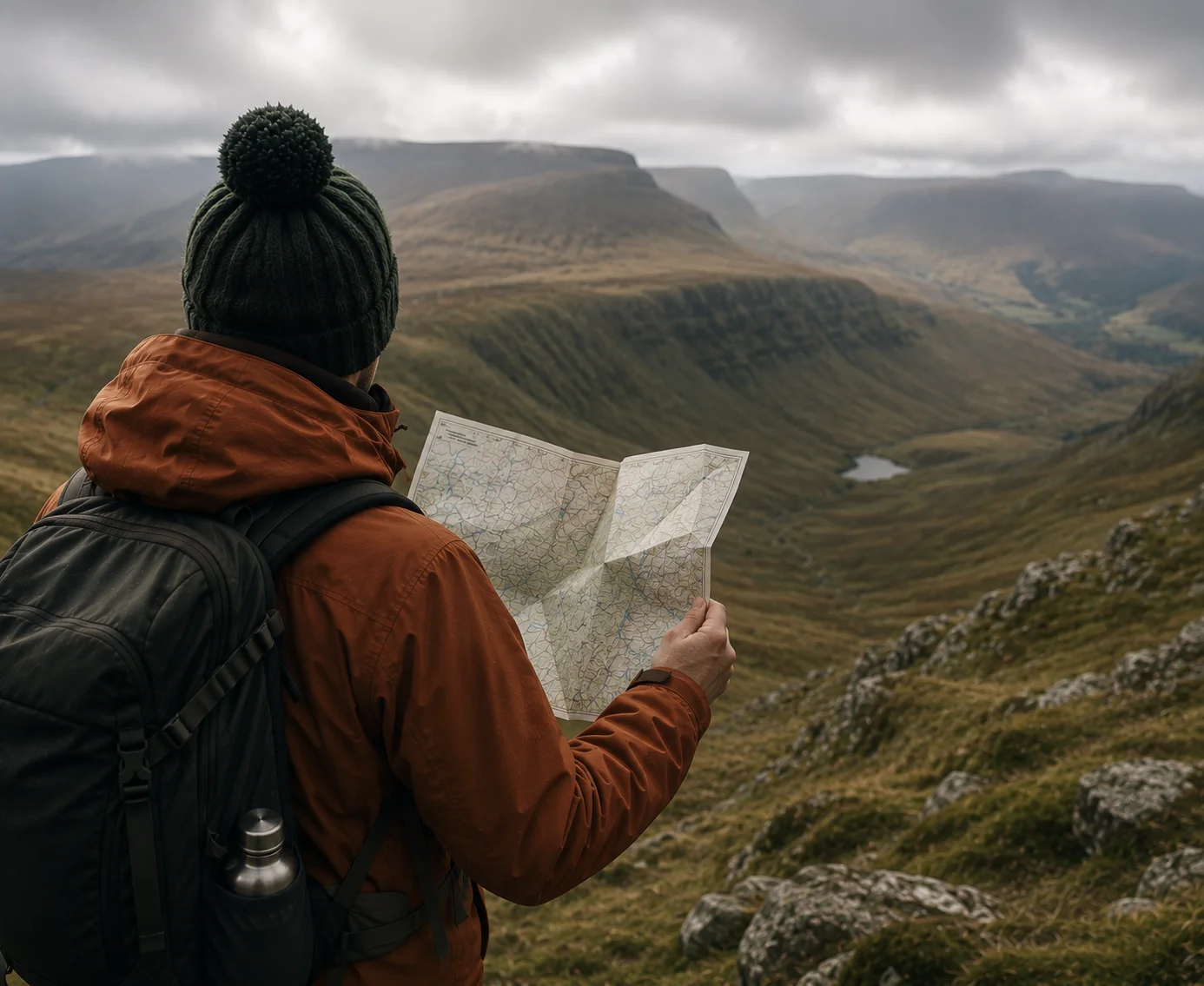 A walker in a woollen hat reading a paper map above a wide green valley