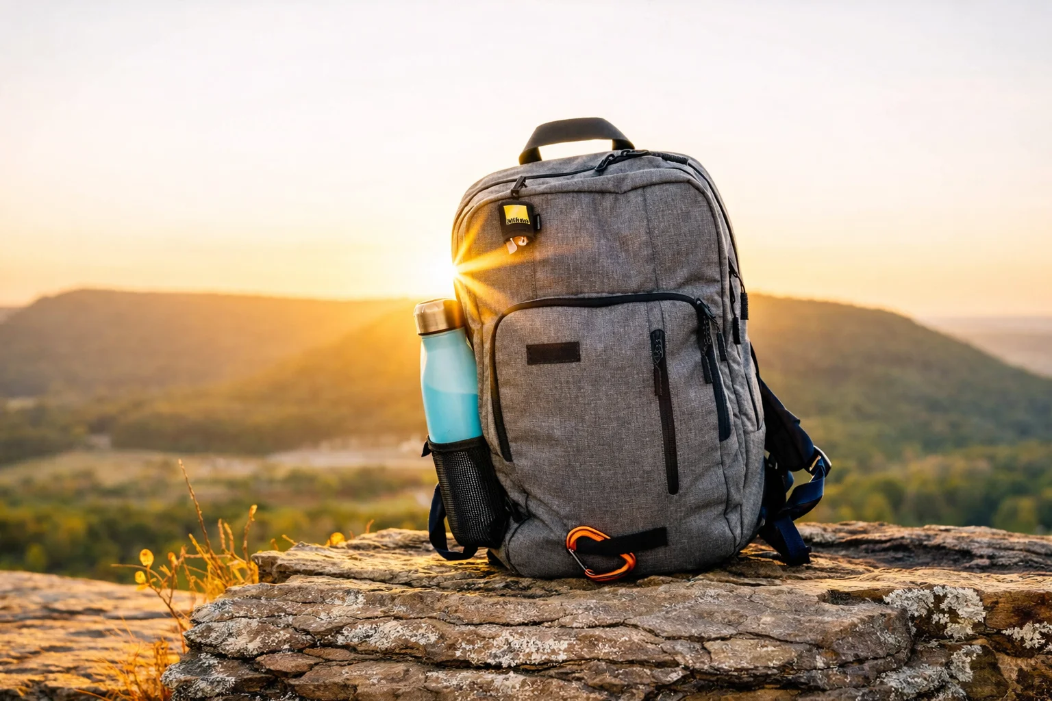 A rucksack and water bottle resting on a rock above a valley at sunrise