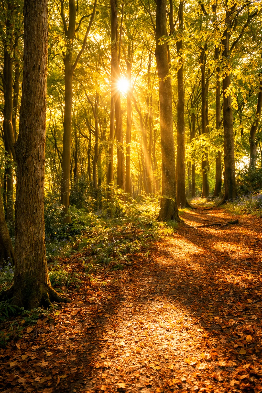 Low autumn sun streaming through beech trees onto a leaf-covered woodland path
