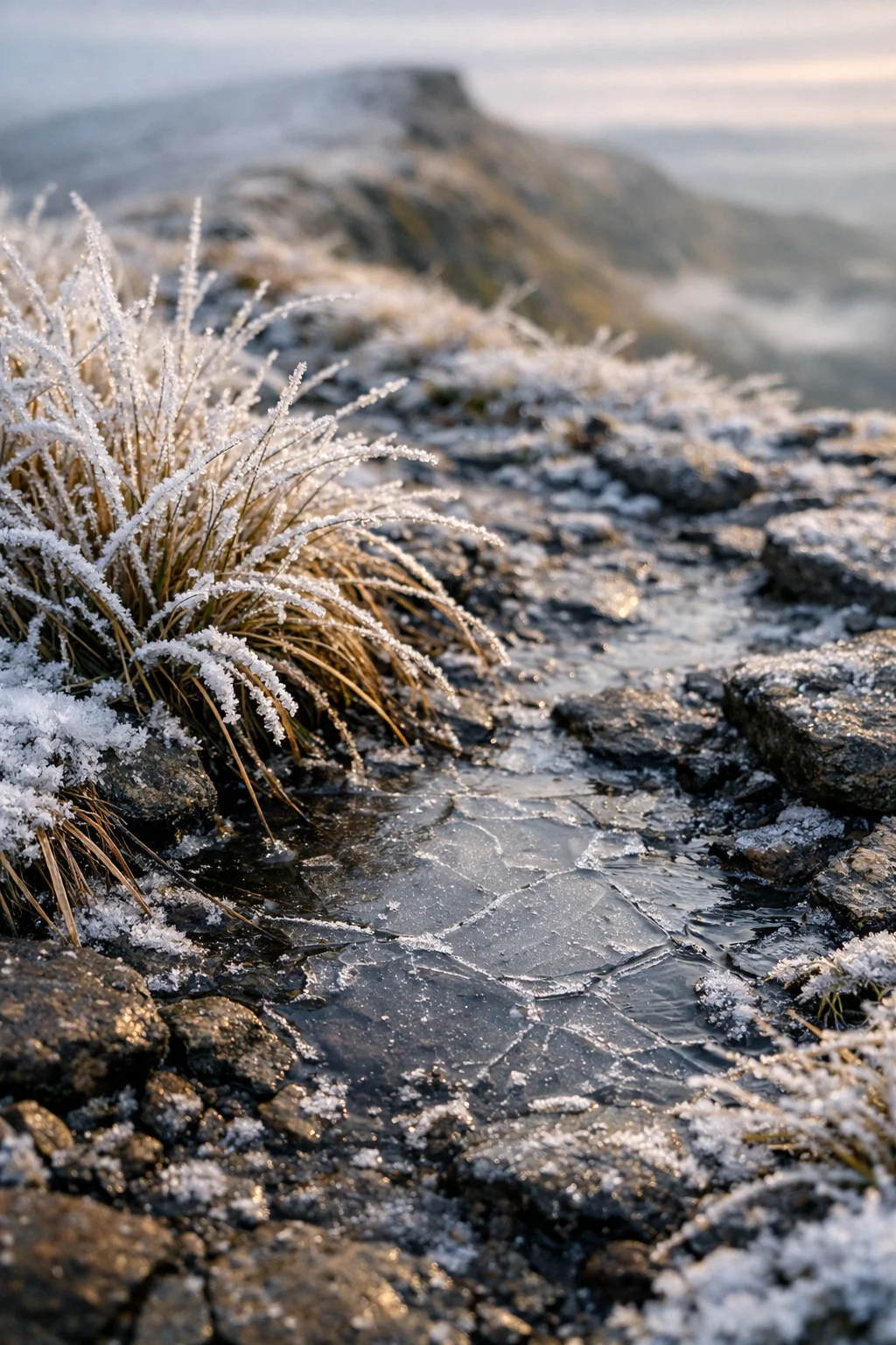 Frosted grass tussocks and an icy puddle on a summit ridge at sunrise