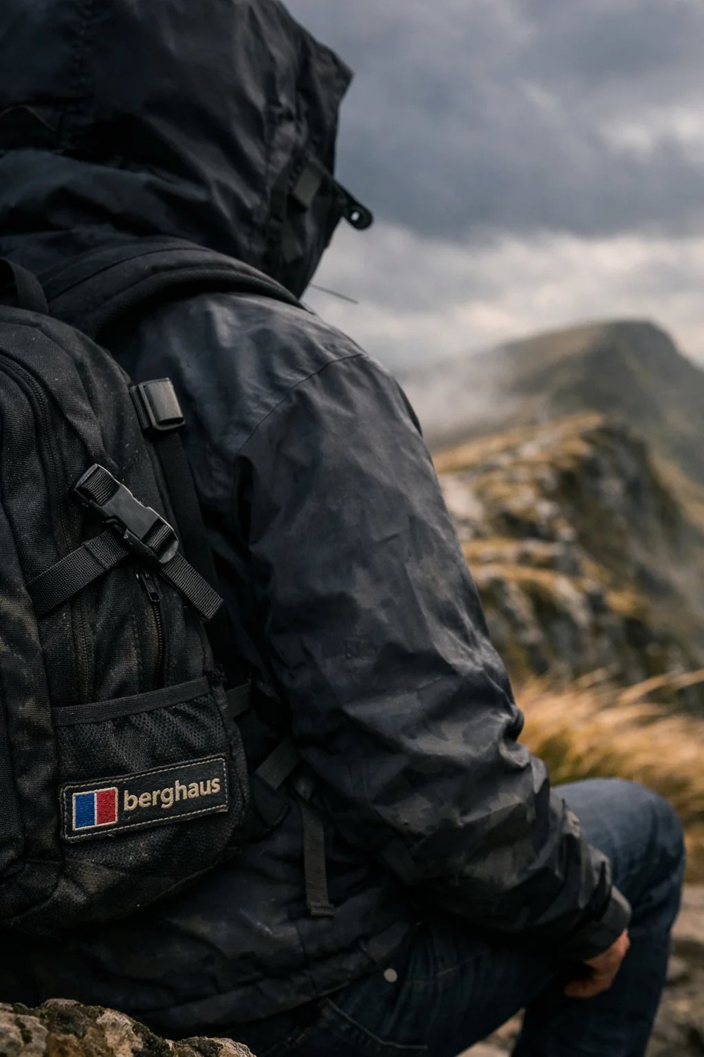 A walker in a black waterproof jacket and rucksack sitting looking out at a misty ridge