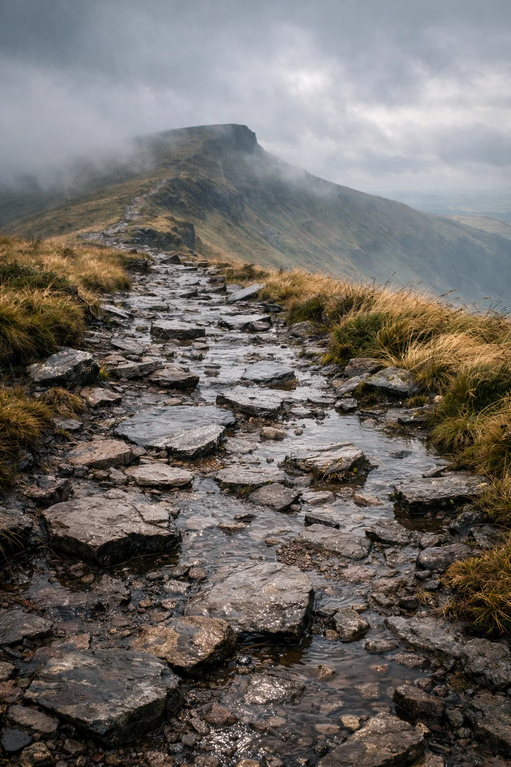 A wet, rocky path disappearing into low cloud on the way to a summit