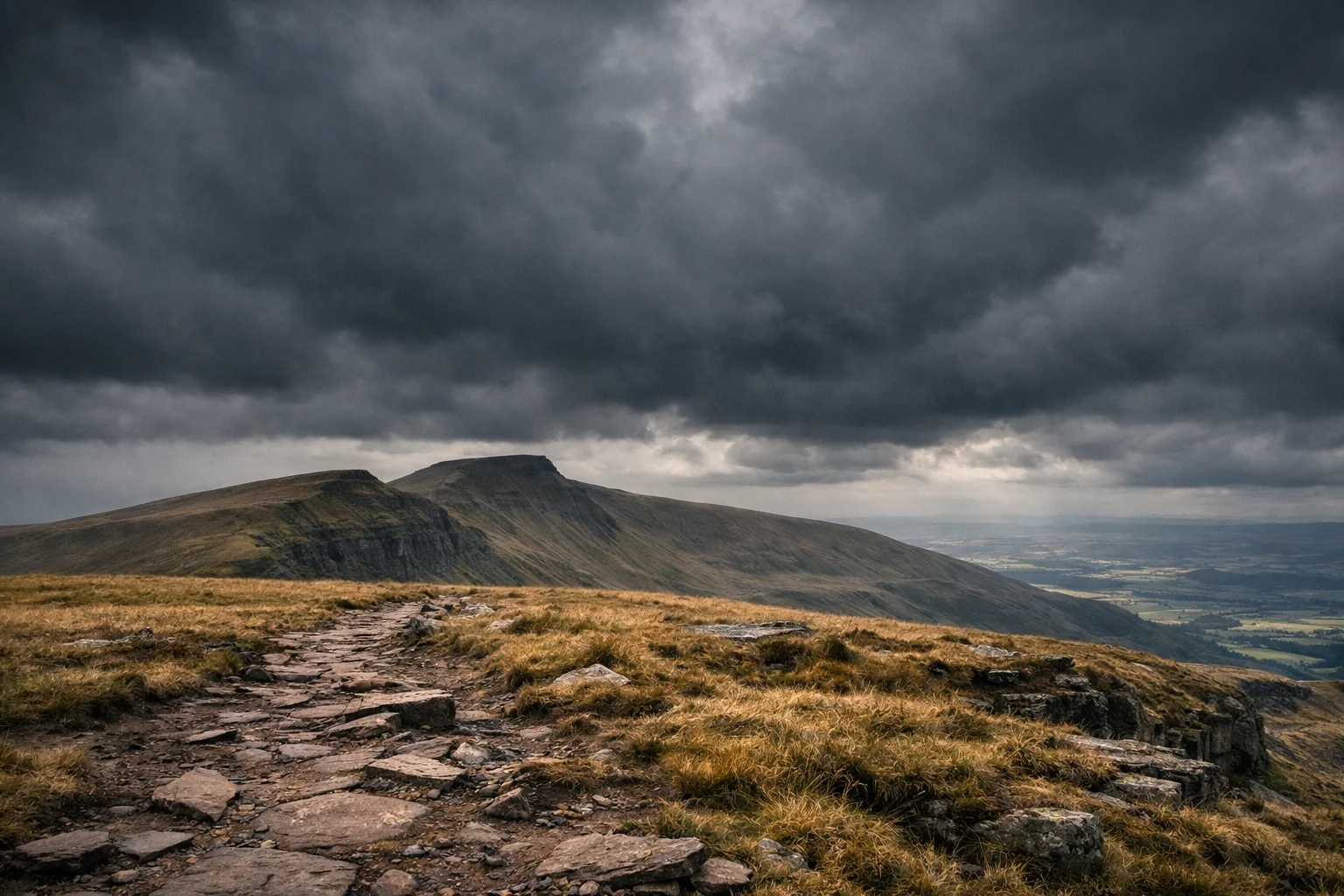Dark storm clouds over the Pen y Fan ridge line
