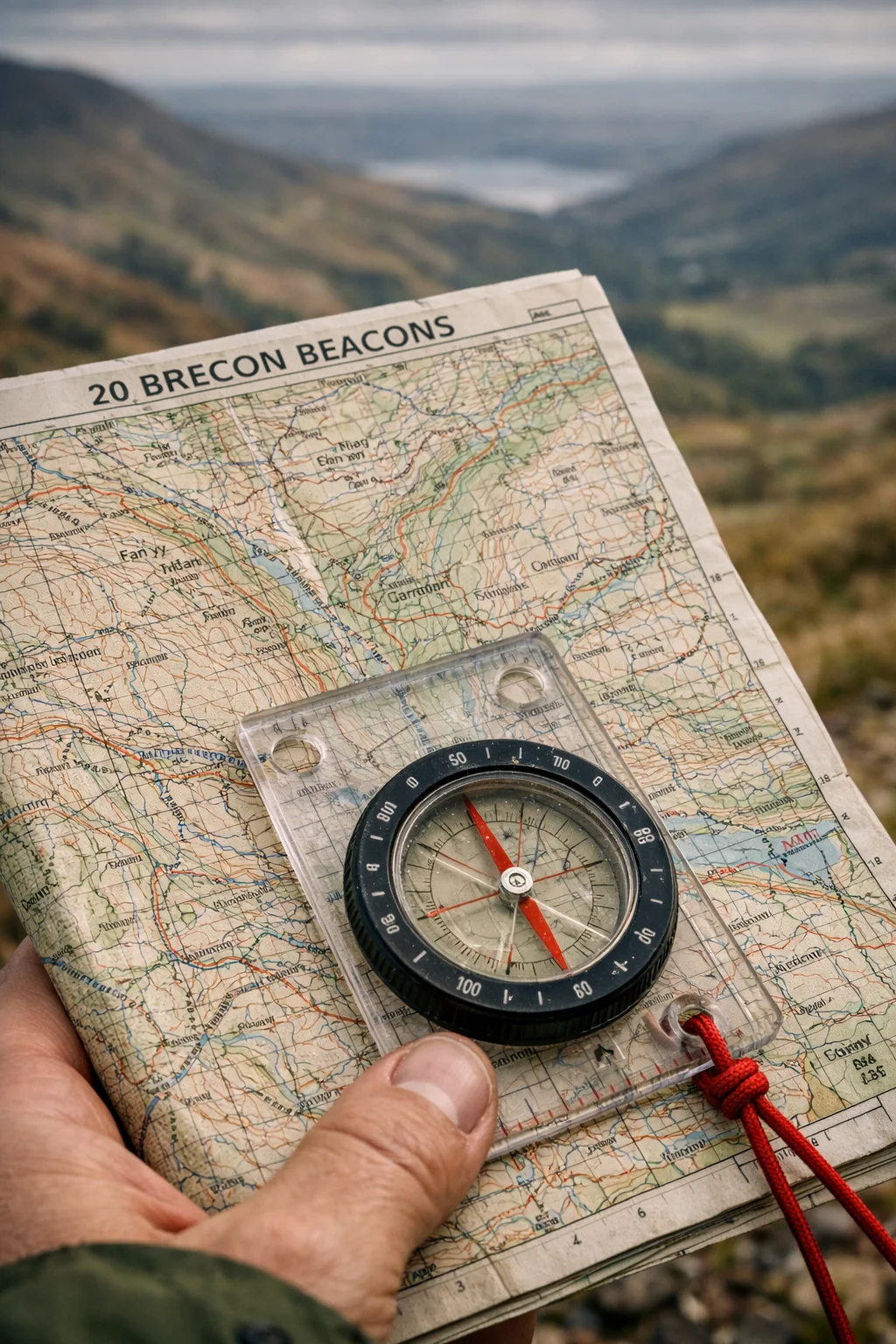 An OS Explorer map of the Brecon Beacons with a compass resting on it