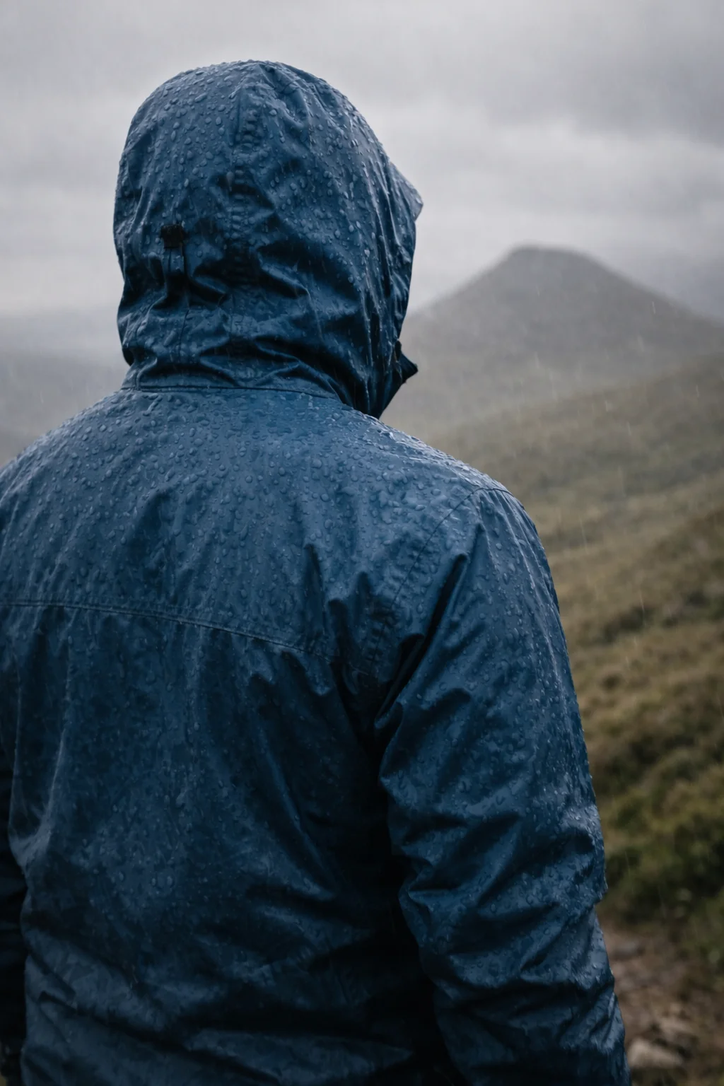 A walker in a blue rain hood facing a mist-covered peak