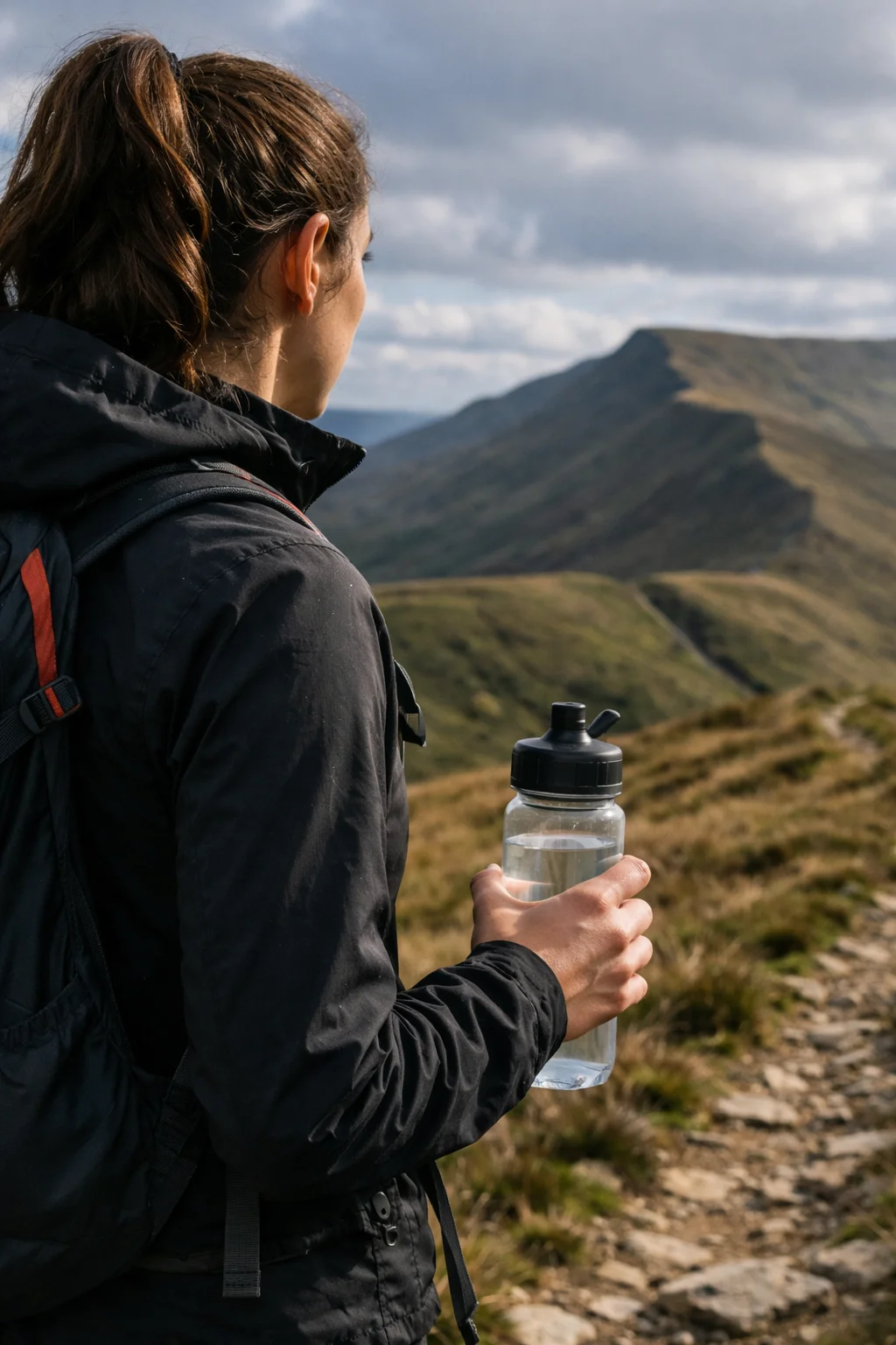 A walker with a rucksack holding a water bottle, looking toward Pen y Fan